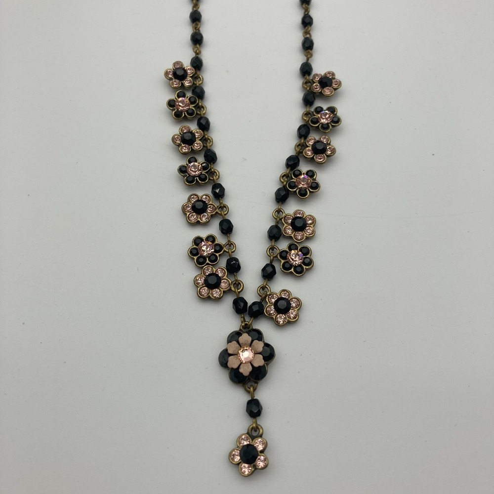 Vtg Michal Negrin Black Pink Beaded Floral Daisy Chain Choker Crystal Accents - Picture 9 of 9